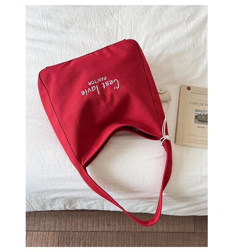 夏天新款红色托特包包女简约时尚包包带拉链大容量休闲通勤单肩包