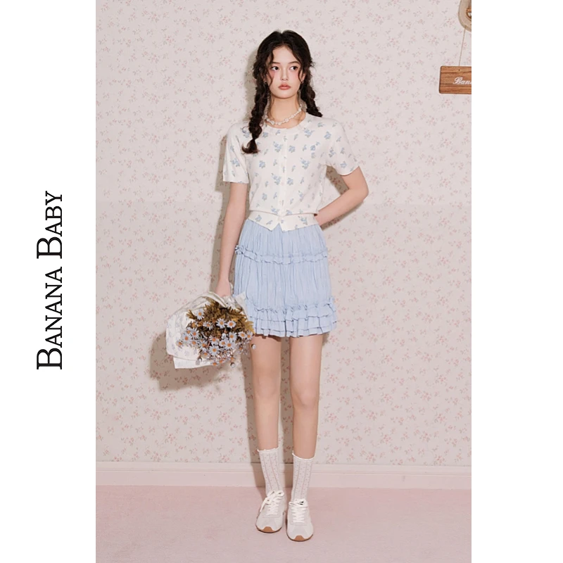 BANANA BABY2025年新款日系甜美针织开衫女碎花印花短袖D252MY174
