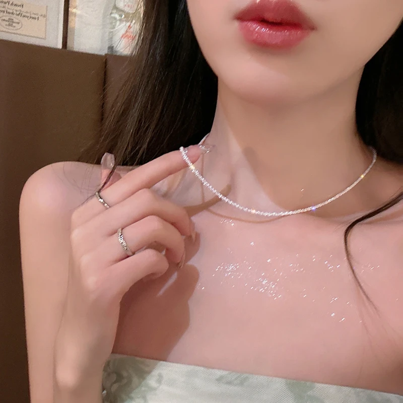 合金项链 波光粼粼锁骨链轻奢新款小众满天星颈链细素链可调节