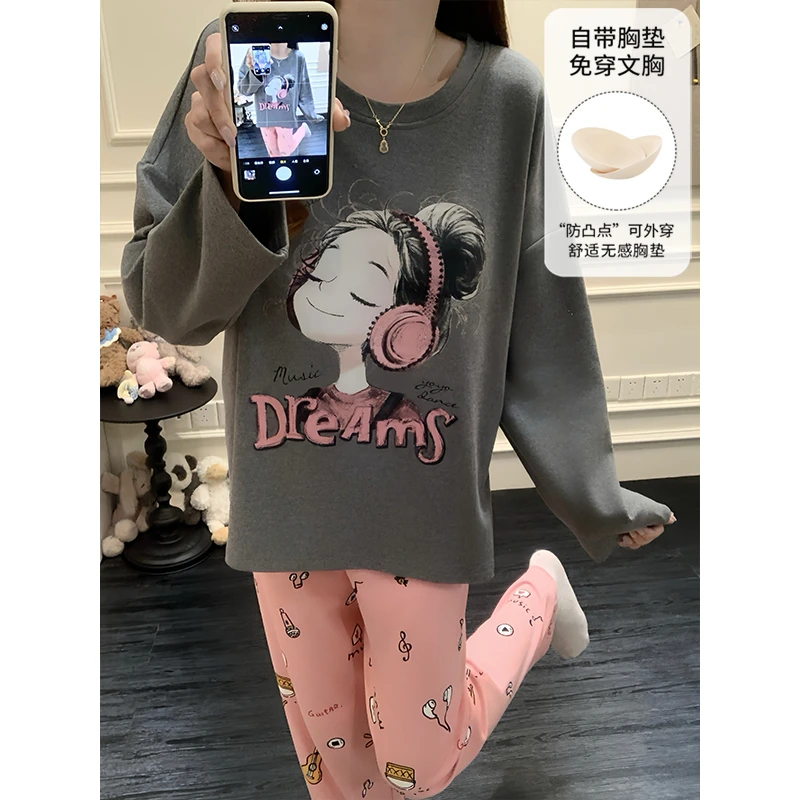 芯语婷春秋季新款带胸垫耳机女孩女士睡衣卡通甜美长袖家居服