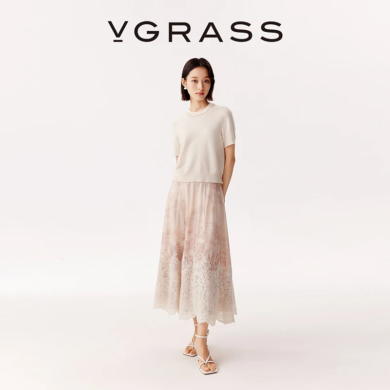 VGRASS定位蕾丝刺绣半身裙25早秋新款10MM棉混纺半裙VSB2Q3075X