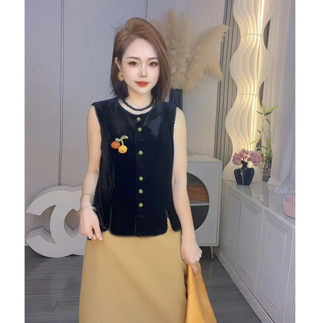 【小南瓜】气质小香风黑色丝绒马甲女2025秋冬新款复古拼接百搭外套