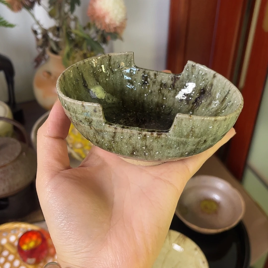 瓷片青蓝绿色流釉异形小钵13