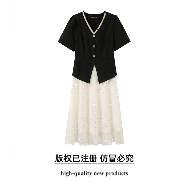 奢姿大码女装2025夏季假两件拼接时尚连衣裙胖妹妹气质V领裙子