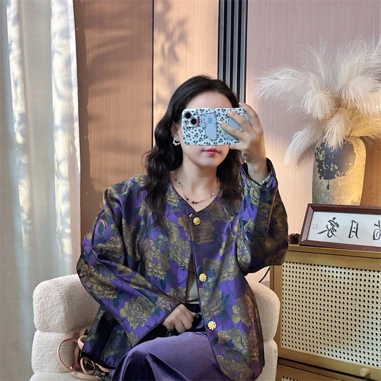 『木衫紫』人丝紫金花短款新中式外套圆领开衫