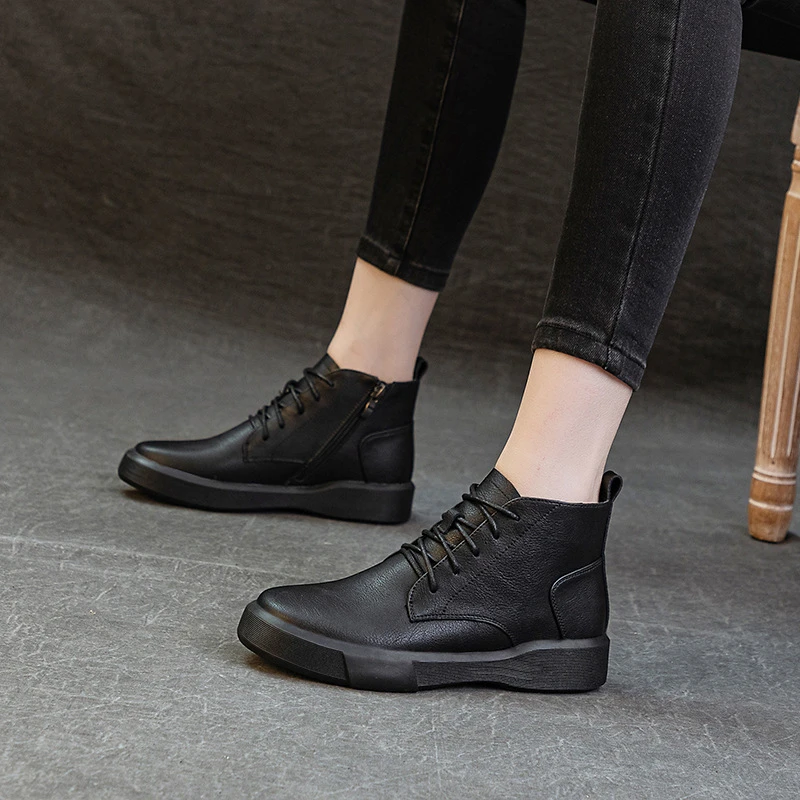 春秋冬季真皮厚底马丁靴女复古加绒圆头短靴休闲透气低筒靴子棕色