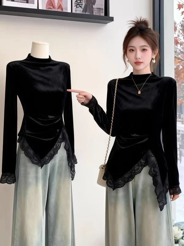 3572*长袖丝绒纯欲半高领T恤设计感显瘦洋气