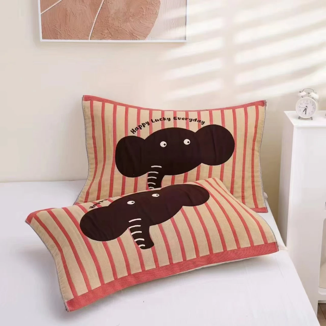 WY【薯条象·枕巾一对】52*78cm高档国潮卡通加厚小象纯棉纱布枕巾