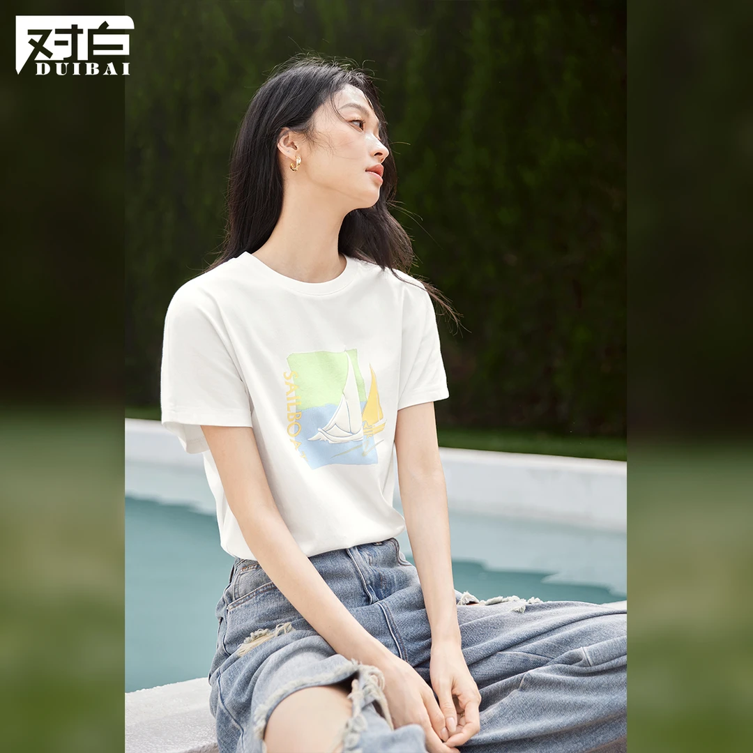 D01对白简约印花圆领短袖t恤女夏季白色休闲别致上衣EDT148