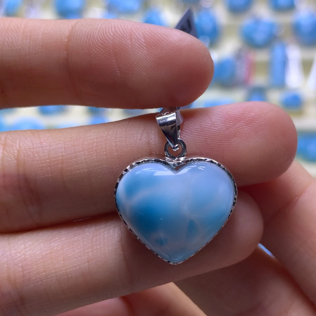 针钠钙石（海纹石）银S925镶嵌吊坠(不含链)爱心吊坠色差略异