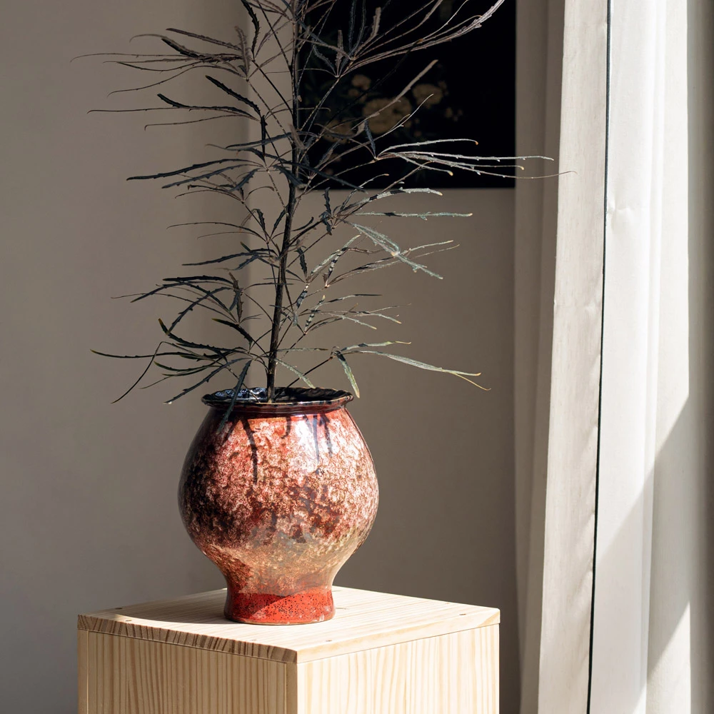 青默窑新中式复古花盆高级感氛围插花器摆件客厅玄关摆件花器烟绯