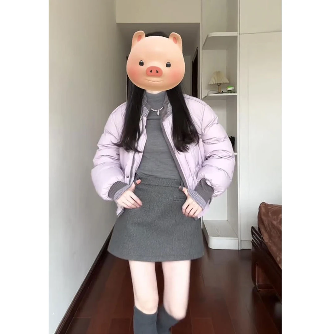 韩系慵懒风穿搭套装女秋冬季圆领棉服外套立领打底衫a字裙三件套