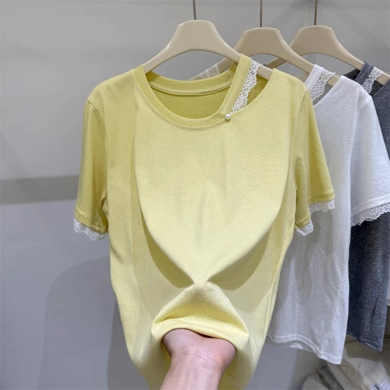 蕾丝拼接镂空锁骨夏季T恤女设计感百搭纯色别致上衣体恤高级舒适