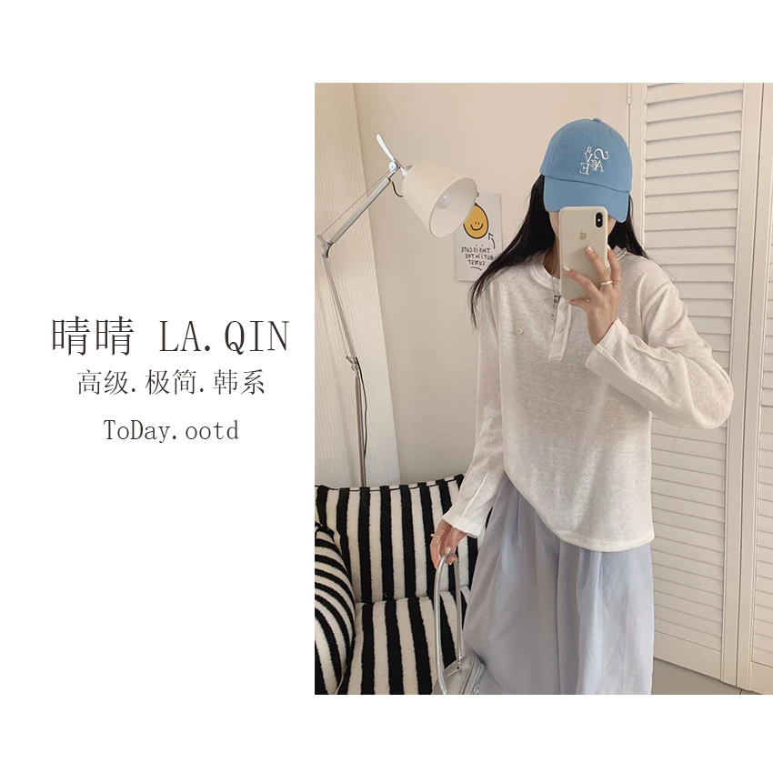 晴晴家-【极简风~】春季棉纱半开扣亚麻纯色休闲打底T恤1197