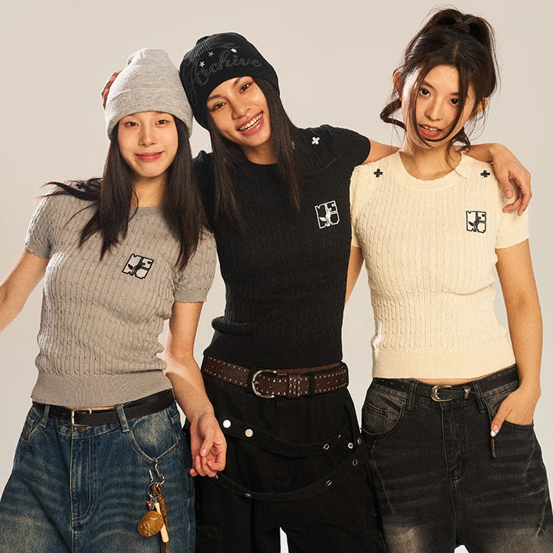 NSTNEW START发芽计划美式复古潮牌刺绣圆领夏季针织上衣短袖女