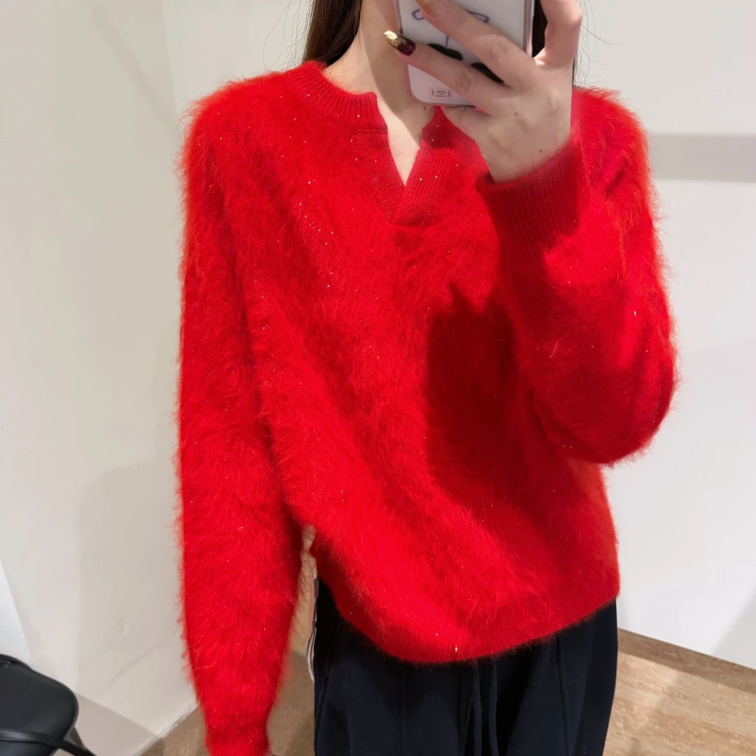 【满天星】羊绒拉绒桑蚕丝女加厚大毛衣时尚V领针织衫套头百搭冬季