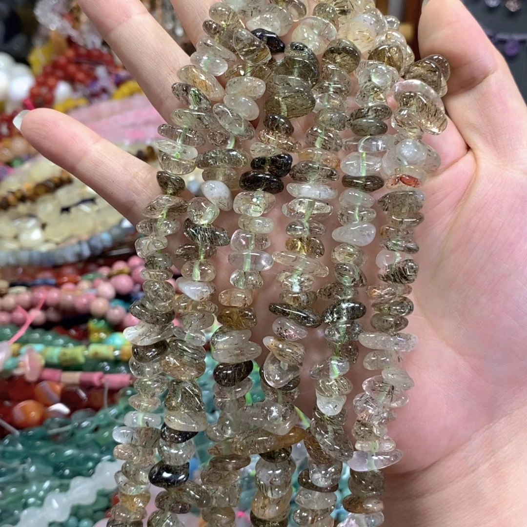 玛瑙/玉髓足银镀金镶嵌珠宝半成品绿发晶随型一条卡12mm
