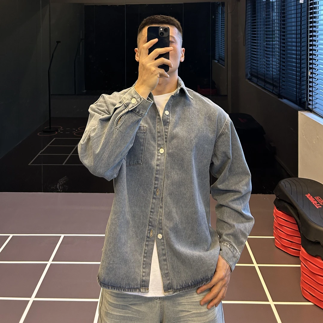 IRONTRAP韩系宽松休闲牛仔外套翻领阔形夹克男士简约纯色长袖秋冬