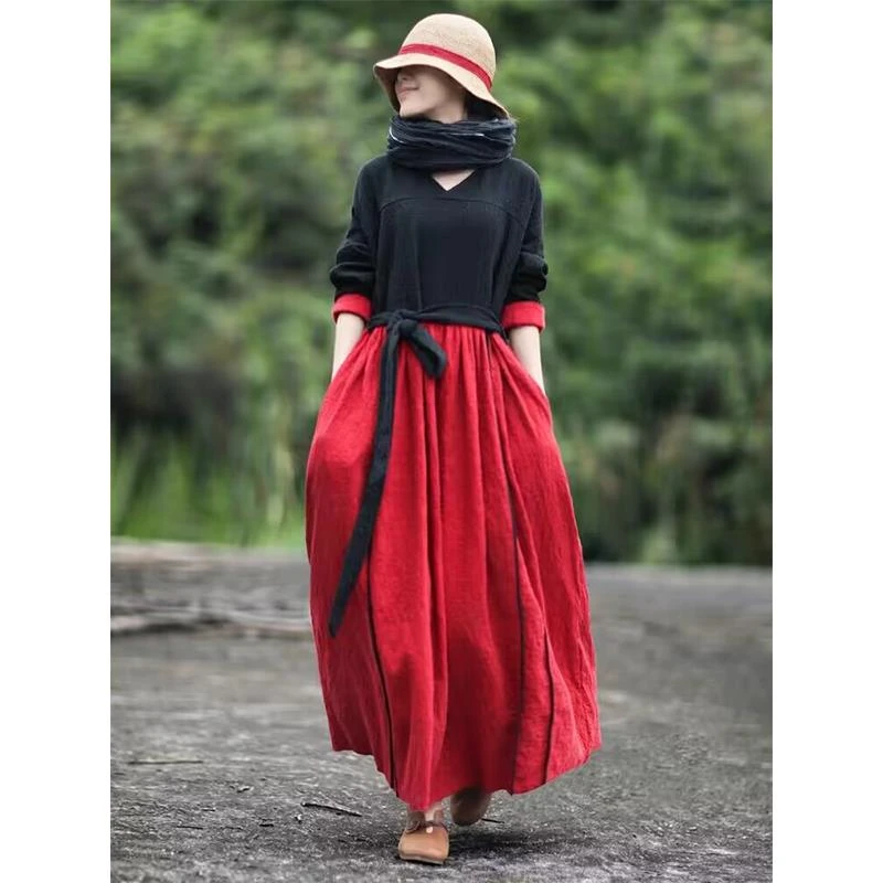法式复古亚麻连衣裙女秋冬季高端设计感小众拼接撞色V领大摆长裙