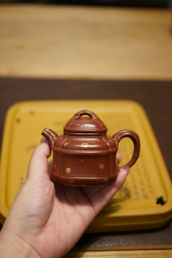 四方竹鼎 雷罡全手工制 大红袍朱泥 容量150cc 洒金