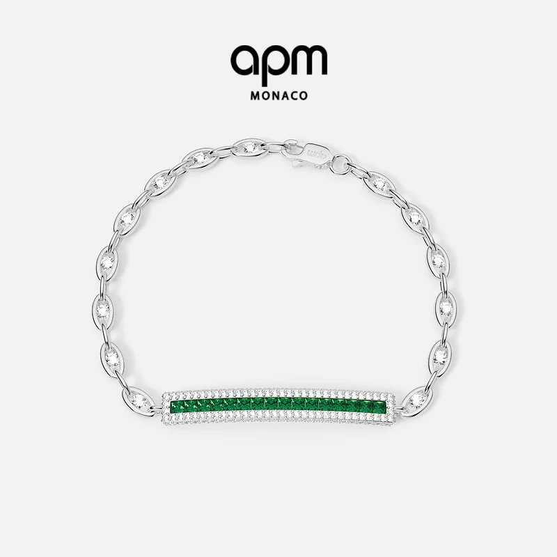 APM Monaco 绿色密镶链环手链小众设计高级感银饰手镯明星同款
