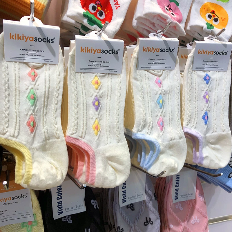 2025春夏新款船袜女生防滑韩国kikiya菱格小花少女薄棉浅口袜隐形