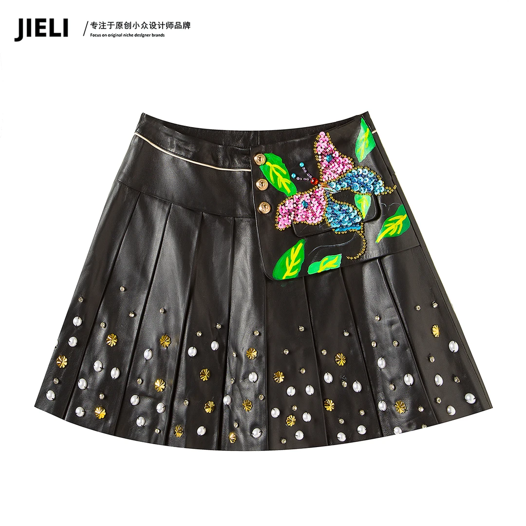 JIE LI/街力原创小众设计师高定款黑色半身裙黑色皮裙女Q9220