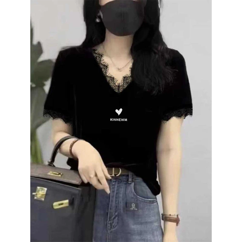 小众设计v领蕾丝拼接短袖t恤女黑色时尚百搭上衣2025新款春夏秋季