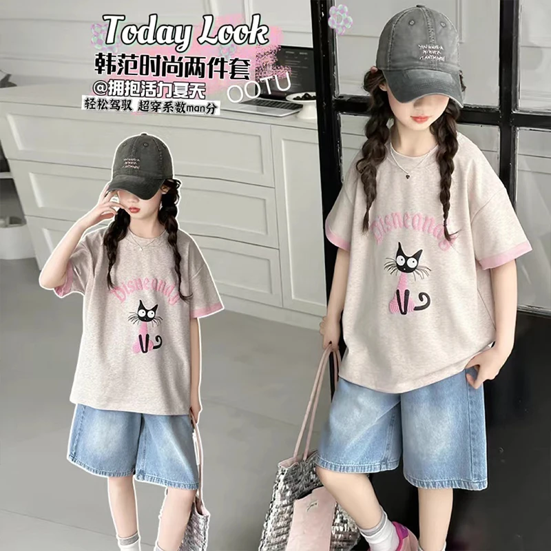 刺绣卡通印花双色短袖t恤套装2025新款女童夏季撞色宽松百搭上衣