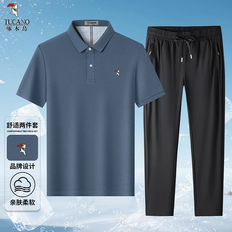 啄木鸟夏季纯棉短袖polo衫休闲舒适百搭基础百搭男式套装