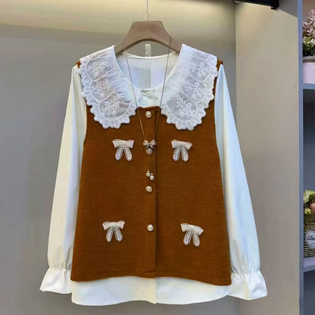 2876-2025年秋季新款时尚洋气减龄显瘦百搭马甲+衬衫两件套