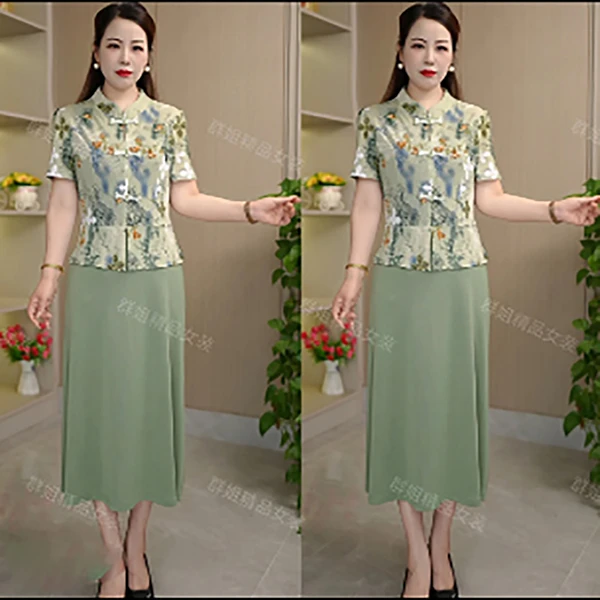 夏季新款新中式国风改良版旗袍裙妈妈装假两件气质盘扣显瘦裙2546