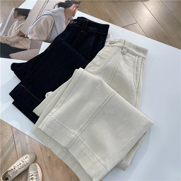 立体分割直筒阔腿裤牛仔裤秋冬新款加绒百搭小个子高腰显瘦九分裤