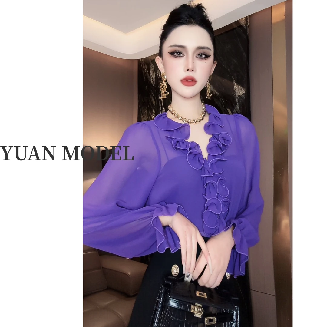 【YUAN MODEL】媛老板-2025夏季时装荷叶边气质长袖衬衫女装060738