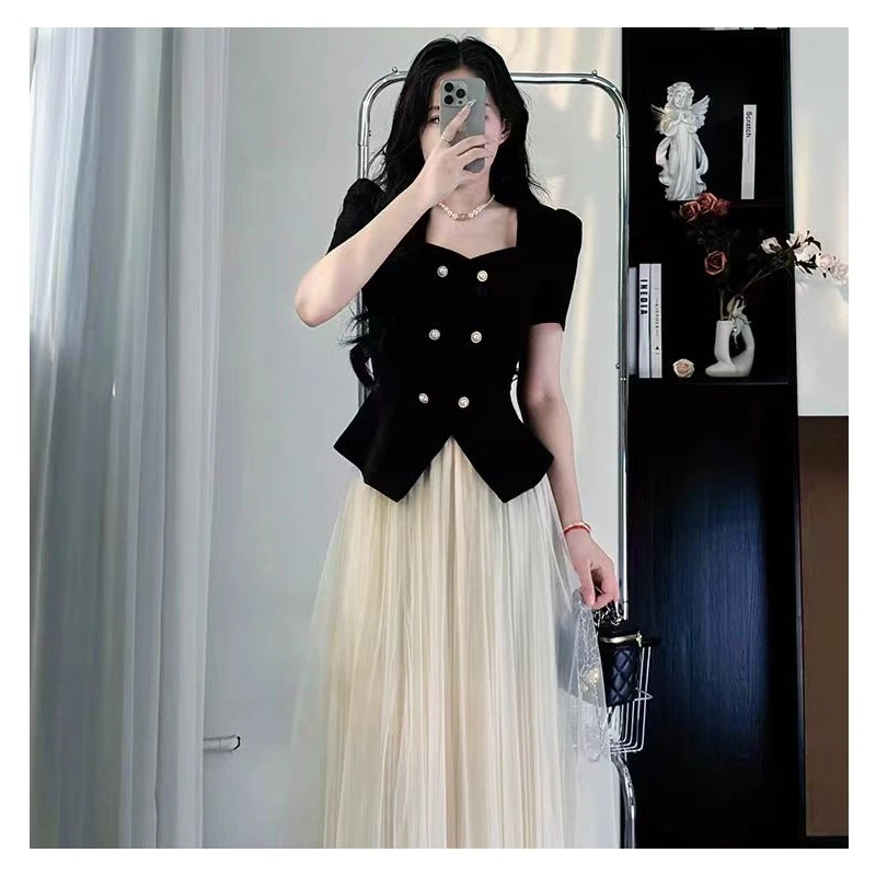 大码黑色小香风连衣裙女夏修身御姐气质女神范高级感纱裙套装3016