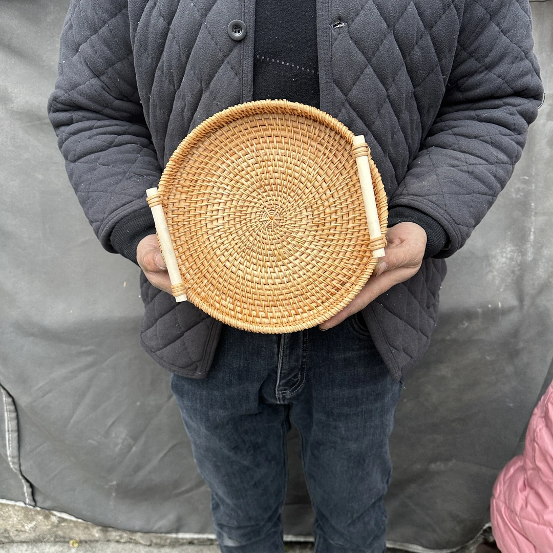 纯手工秋藤编制双耳果盘中号24厘米