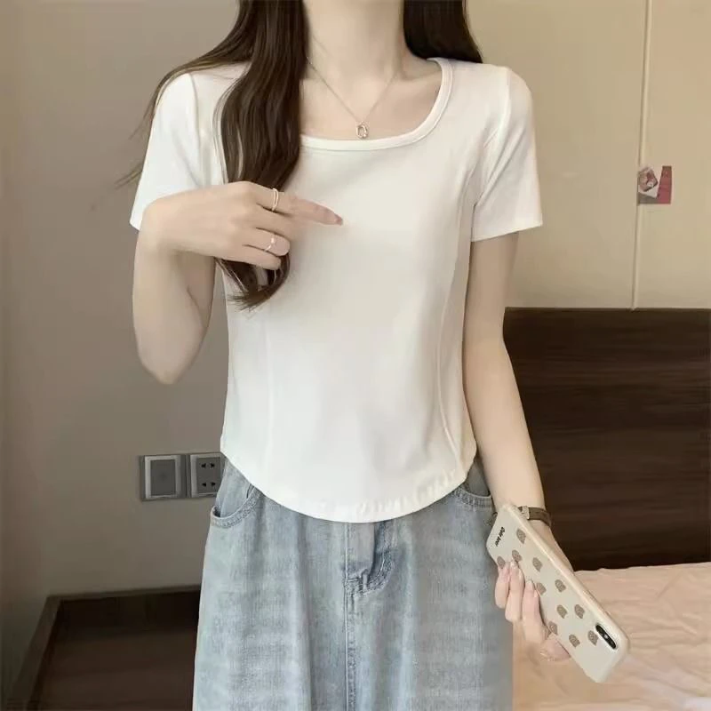 甜美夏季大码鱼骨短袖t恤方领设计感遮肚减龄显瘦修身t恤女短袖