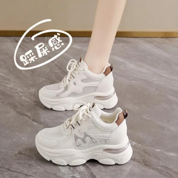 真皮内增高老爹鞋女2025夏季新款网面透气百搭软底运动鞋子