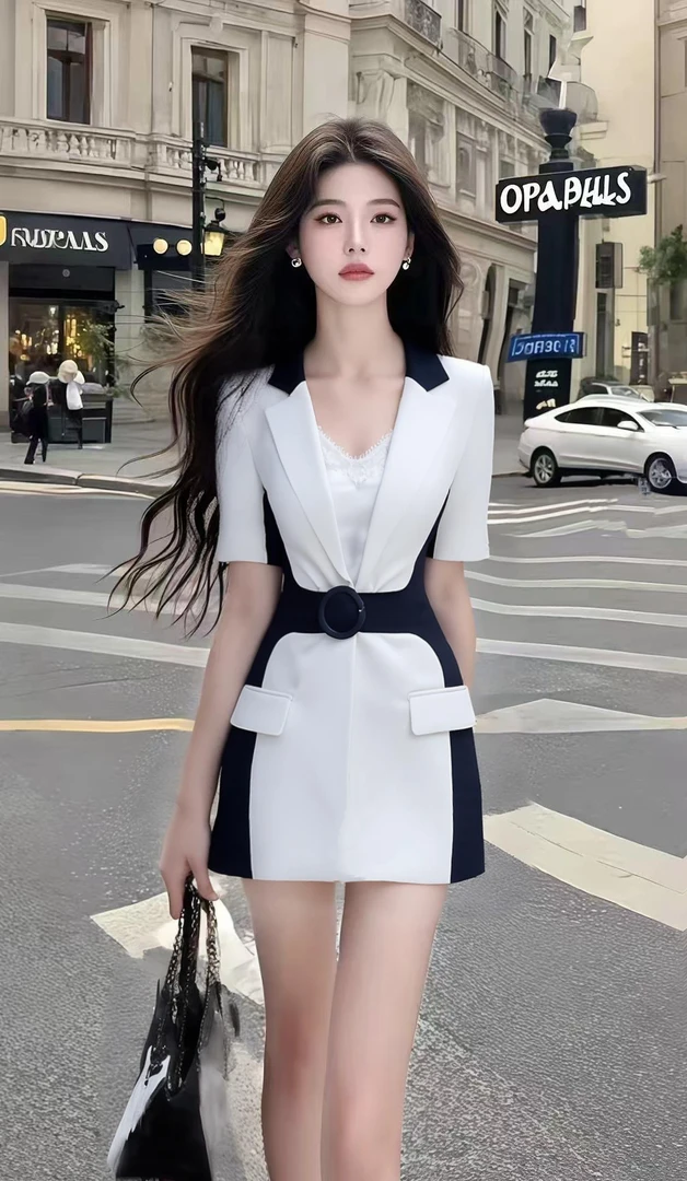 轻熟知性风白色V领修身收腰短袖连衣裙女小众高级感时尚气质女装