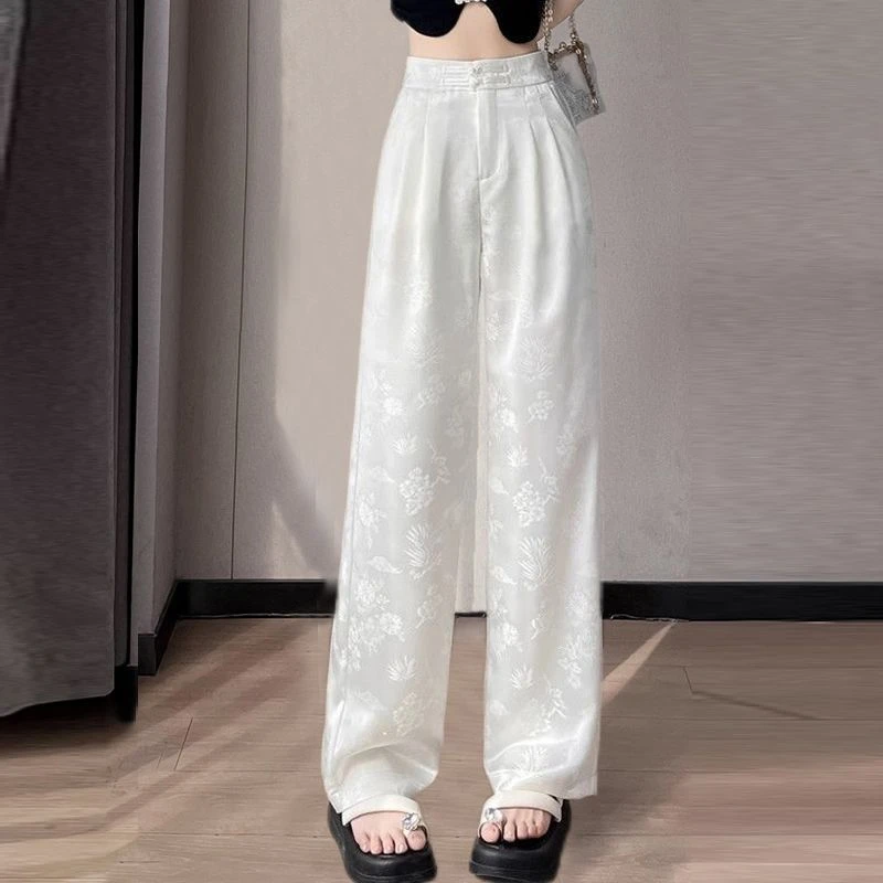 缎面提花冰丝阔腿裤女爆款2025夏季薄款新中式国风防晒醋酸直筒裤