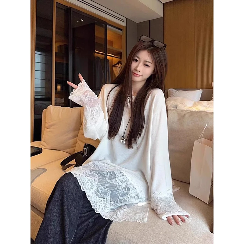 蕾丝内搭叠穿上衣屁帘打底衫女春季宽松大码中长款白色长袖t恤潮