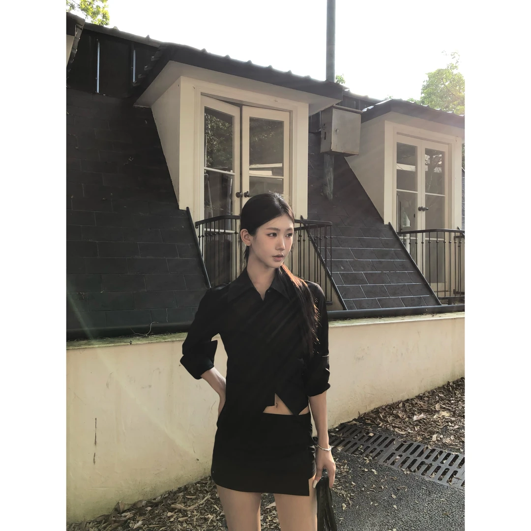 LELEPENG 黑色海妖风气质捏褶不规则下摆衬衫包臀半裙两件套809