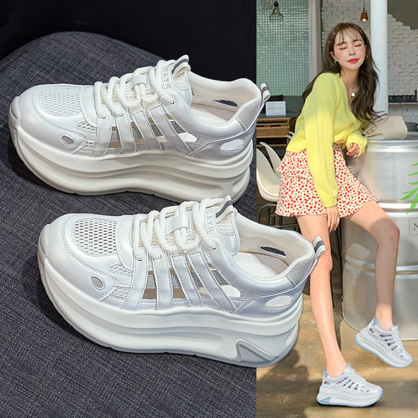 镂空透气老爹鞋女款2025新款夏季网面厚底百搭轻便内增高运动凉鞋