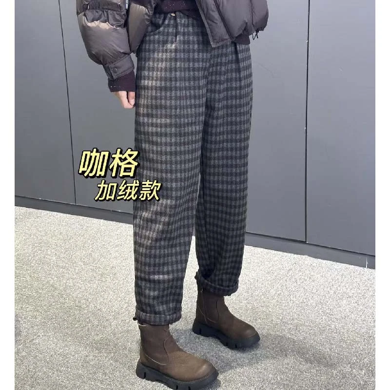 7169太谷休闲简约百搭格子加绒休闲裤时尚宽松复古秋冬长裤