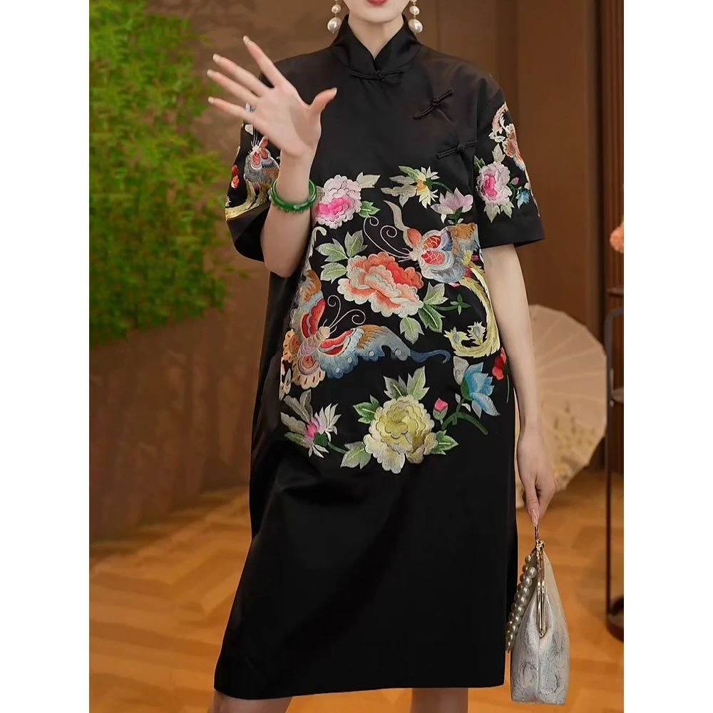 中式国风刺绣盘扣立领连衣裙夏季新款大码宽松显瘦短袖A字裙
