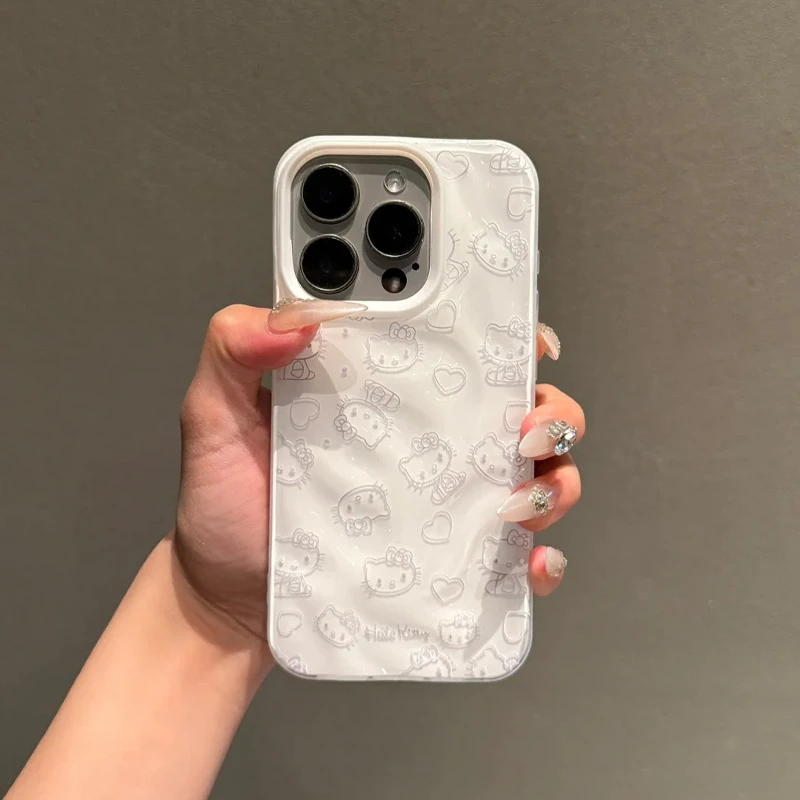 BANCA纯色线条爱心kt猫适用iPhone16/15promax褶皱手机壳苹果1413