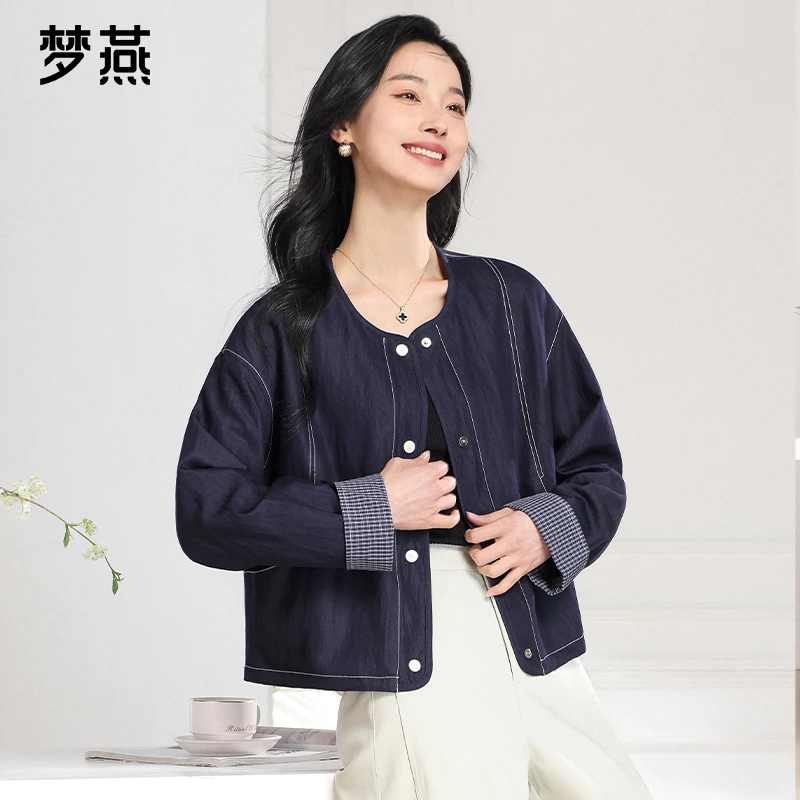 梦燕春秋女时尚百搭气质上衣休闲宽松舒适圆领牛仔外套AA06B5010