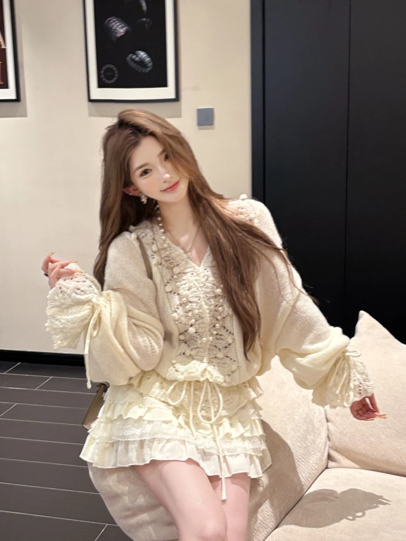 GUIDI GUDI【神明少女】优雅法式绣花长袖开衫/黄加蓝