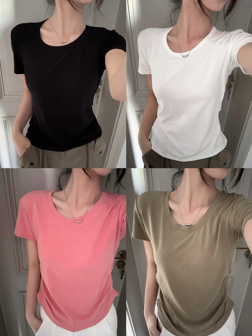 【宇菲女装】夏季新款 圆领T恤女显瘦高弹力不变形侧边褶皱上衣短袖