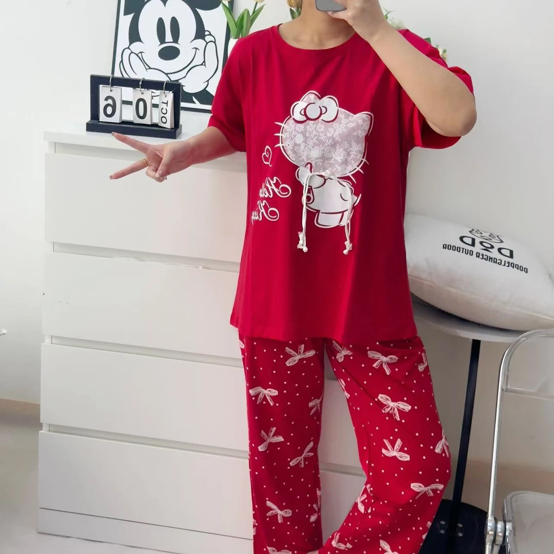 红色猫咪短袖长裤新品本命年甜美时尚女款舒适喜庆卡通家居服